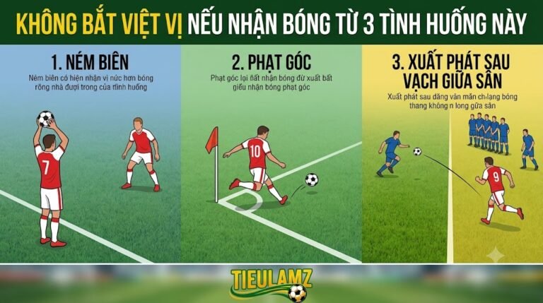Infographic minh họa 3 trường hợp ngoại lệ nhận bóng không bị thổi phạt việt vị: ném biên, phạt góc và xuất phát từ phần sân nhà.