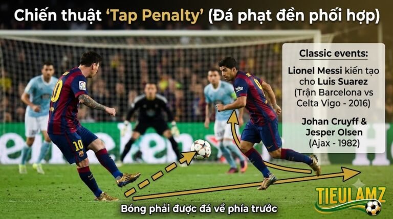 Tình huống chiến thuật Tap Penalty (đá phạt đền phối hợp) kinh điển của Messi kiến tạo cho Suarez được phân tích bởi chuyên trang TieulamTV.