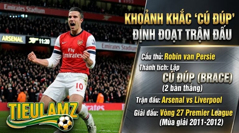Khoảnh khắc tiền đạo Robin van Persie ăn mừng sau khi lập cú đúp bàn thắng định đoạt trận đấu giữa Arsenal và Liverpool tại giải Ngoại hạng Anh.