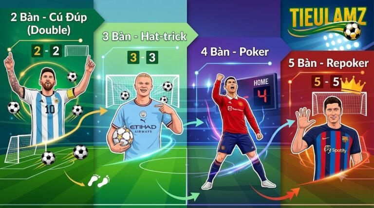 Infographic minh họa các cột mốc ghi bàn trong bóng đá gồm cú đúp của Messi, hat-trick của Haaland, poker của Ronaldo và repoker của Lewandowski.