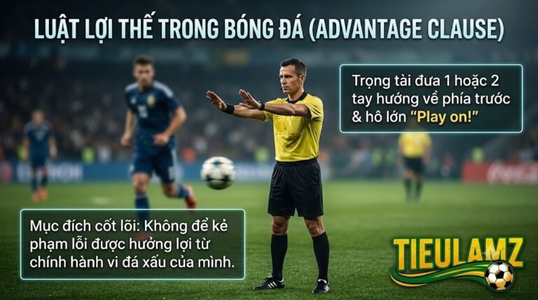 Hình ảnh minh họa trọng tài ra tín hiệu cho hưởng luật lợi thế trong bóng đá để trận đấu tiếp tục.