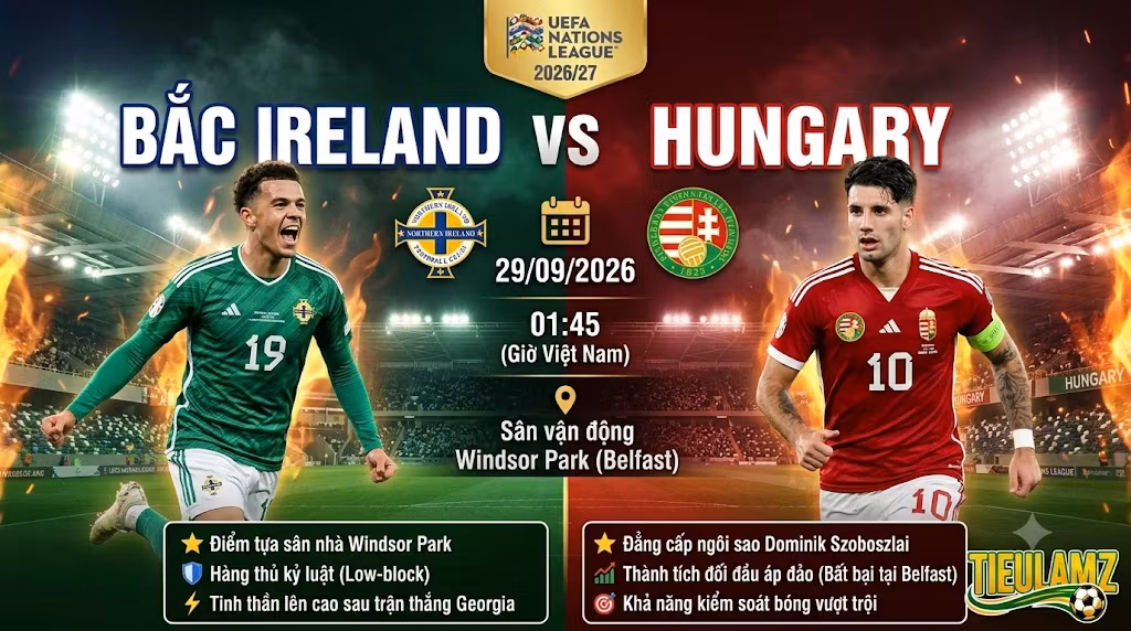 Ảnh bìa nhận định trận đấu Bắc Ireland vs Hungary lúc 01h45 ngày 29/09 khuôn khổ UEFA Nations League, trực tiếp trên TieulamTV.