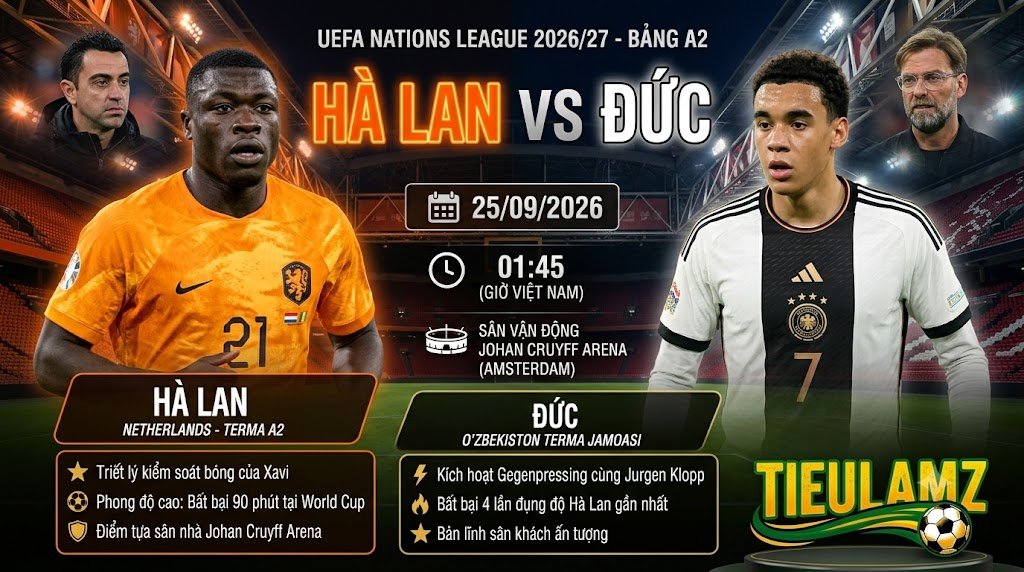 Ảnh bìa trực tiếp trận đấu Hà Lan vs Đức tại UEFA Nations League, cuộc đối đầu chiến thuật giữa Xavi và Jurgen Klopp.