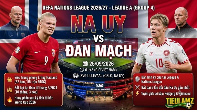 Ảnh bìa trực tiếp trận đấu giữa Na Uy vs Đan Mạch tại UEFA Nations League, màn so tài của Haaland và Højlund.